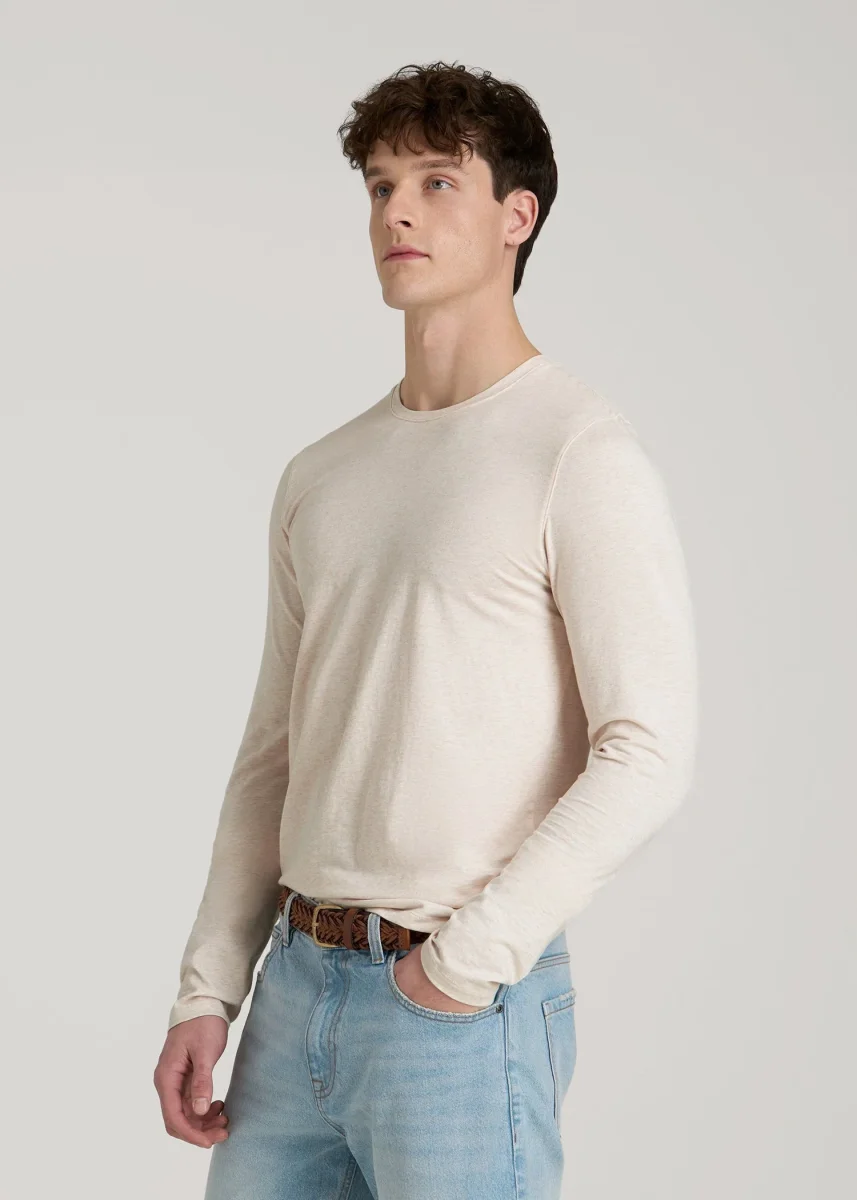 The Essential Modern Fit Crewneck Long Sleeve Tee for Tall Men in Heathered Oatmeal - Image 4