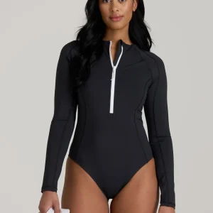 Long Sleeve UPF 50 One Piece Swimsuit for Tall Women in Black