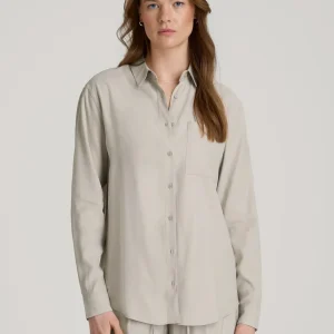 Relaxed Button-Up Single-Pocket Blouse for Tall Women in Stone