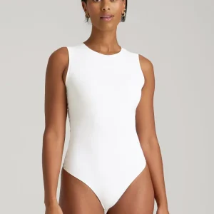 Sleeveless Crewneck Bodysuit for Tall Women in Bright White
